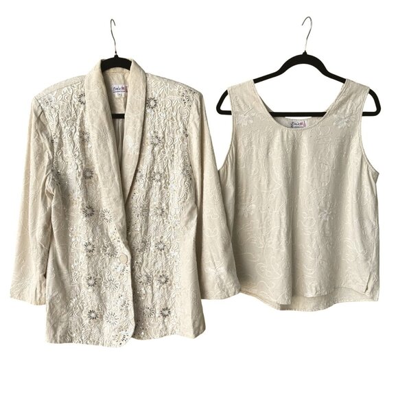 Lims Shanghai Vintage Womens Tan Silk 2-Piece Embroidered Jacket Tank Top Set M - Picture 1 of 14